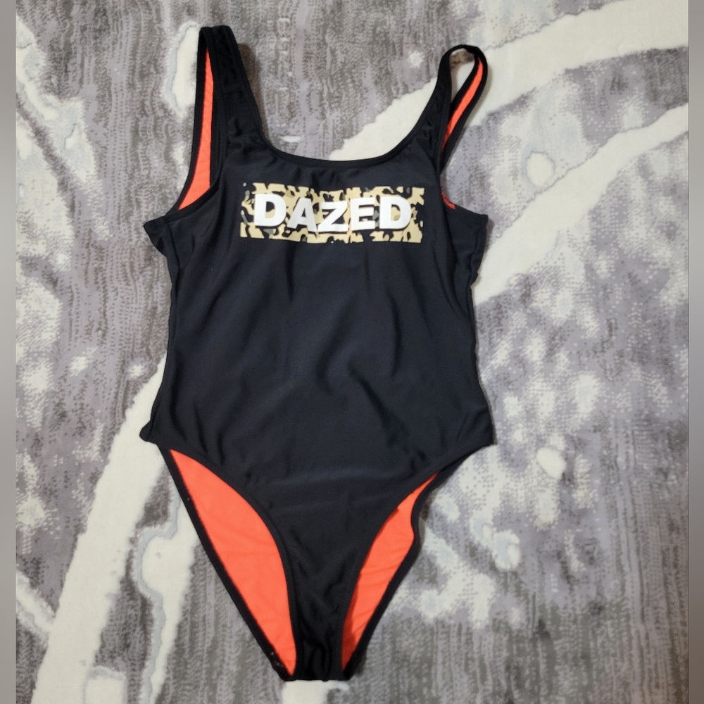 Black and Orange One-Piece Swimsuit